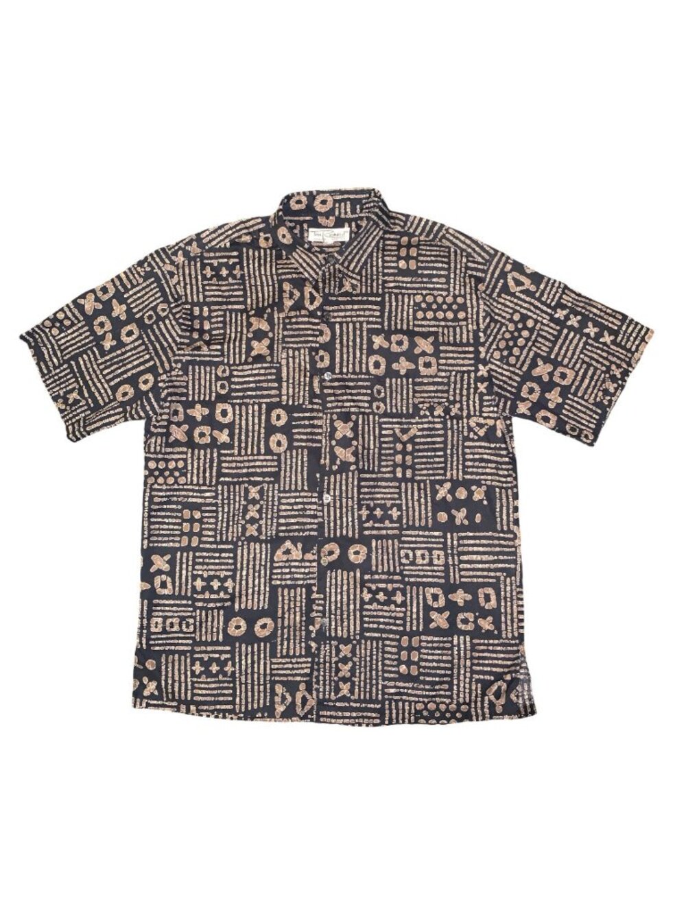Tori Richard Vintage Mens M Black Gold Cotton Lawn Tribal Hawaiian Shirt Beach